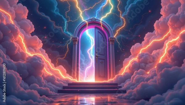Fototapeta Floating doorway surrounded by vibrant clouds and dramatic lightning creates surreal atmosphere. scene evokes sense of wonder and mystery, inviting exploration into unknown
