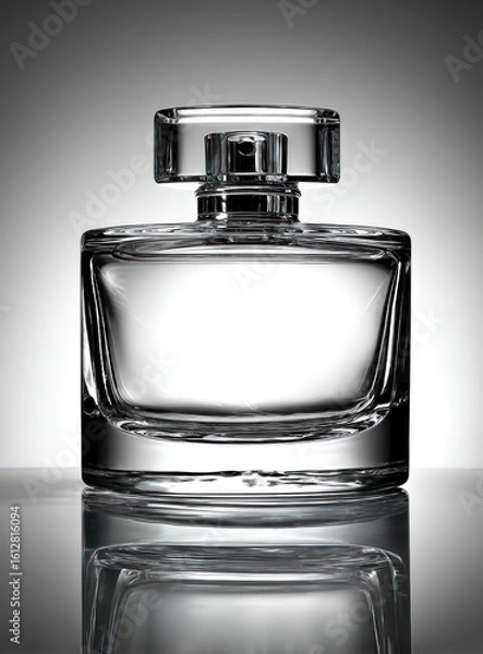 Fototapeta Clear glass perfume bottle with a thick rectangular cap, reflecting on a glossy surface against a softly lit gradient background