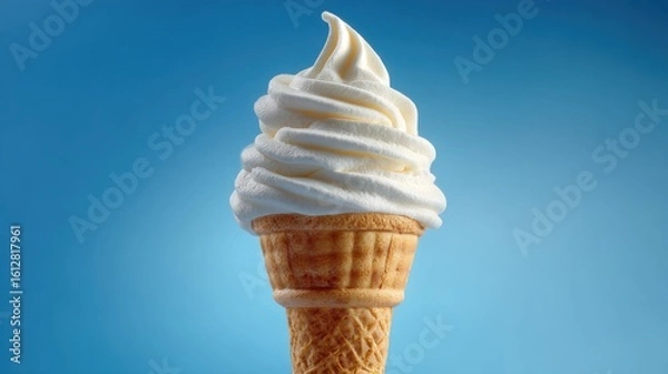 Obraz A delightful swirl of soft-serve vanilla ice cream sits atop a crispy waffle cone, creating a classic treat that is perfect for warm days. The bright blue background enhances the inviting appearance.