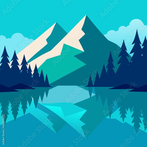 Fototapeta Geometric mountain landscape with lake and forest reflection