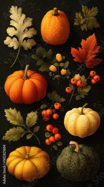 Obraz Colorful assortment of pumpkins and autumn leaves arranged artistically on a dark background during the fall season