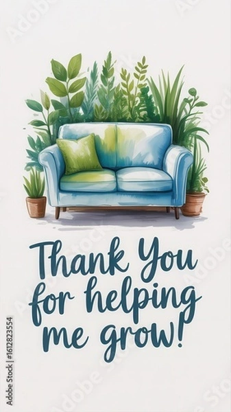 Fototapeta Whimsical watercolor greeting card expressing gratitude with a cozy armchair surrounded by lush greenery. National Shrink Day