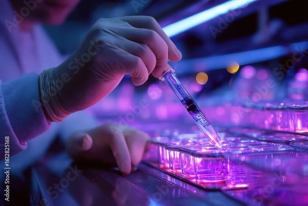 Fototapeta Phage therapy lab: Scientist loading engineered viruses into syringe to target antibiotic-resistant infection, purple UV safety lights