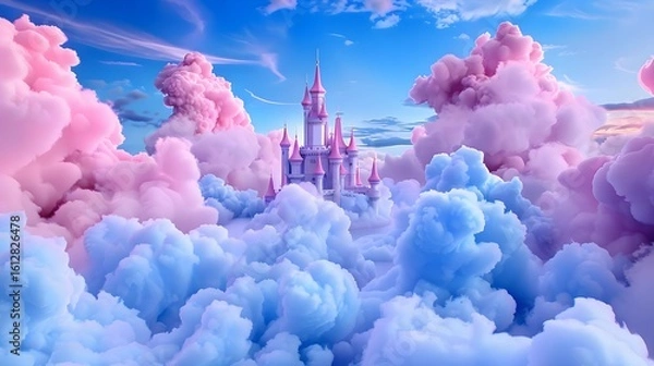 Fototapeta Enchanted Castle Surrounded by Dreamy Clouds in Pink and Blue