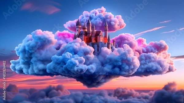 Fototapeta Fantasy Castle Surrounded by Colorful Clouds at Sunrise