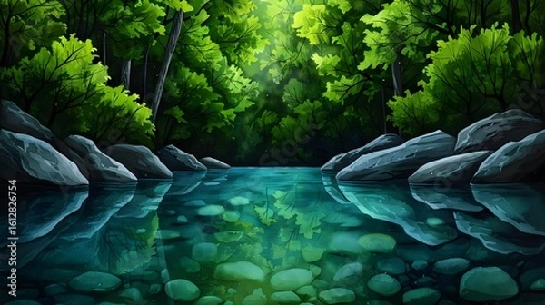 Fototapeta Serene Forest Reflection in Calm Water Surrounded by Lush Trees