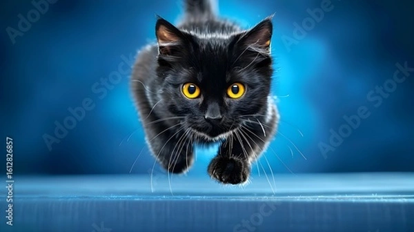 Fototapeta Black Cat Sprinting with Intense Gaze on Blue Background