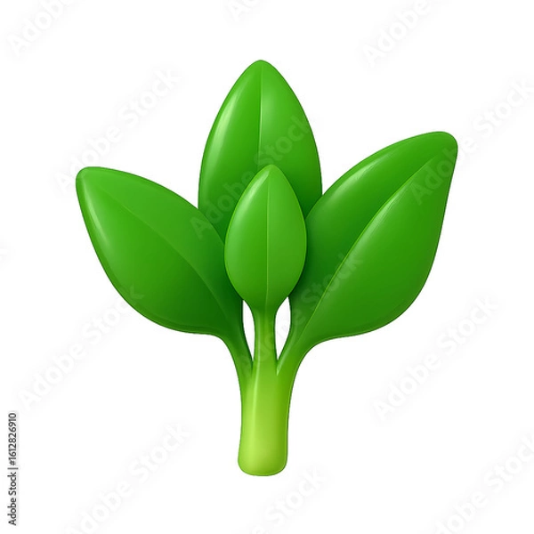 Fototapeta 3D illustration of fresh green sprout with three leaves. Symbol of growth, sustainability, and nature. Isolated on white background