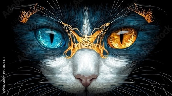 Fototapeta Intricate Digital Art of a Cat with Striking Blue and Orange Eyes
