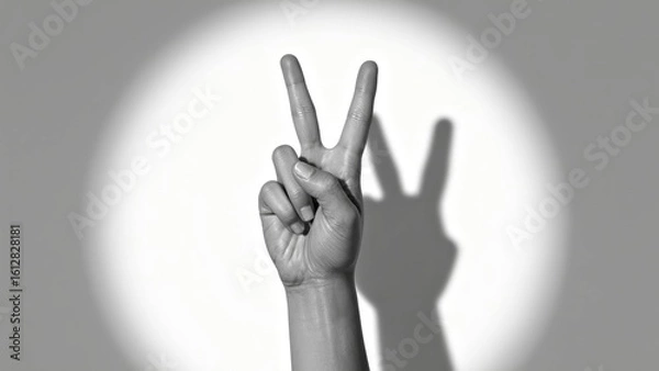 Fototapeta Black and white human hand showing victory peace sign gesture with shadow on wall, success concept for business, motivation, social media, minimalist background with spotlight illumination