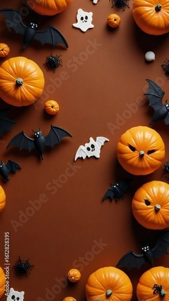 Fototapeta Spooky halloween decorations with pumpkins bats and ghosts
