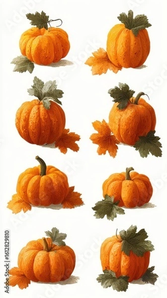 Obraz Pumpkins with leaves illustrated in various angles showcasing autumn harvest in a rustic style