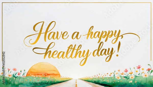 Fototapeta greeting card with a soft, bright color background with illustration of a minimalist watercolor of road and flower garden with the warm, gold text “Have a happy, healthy day!" 