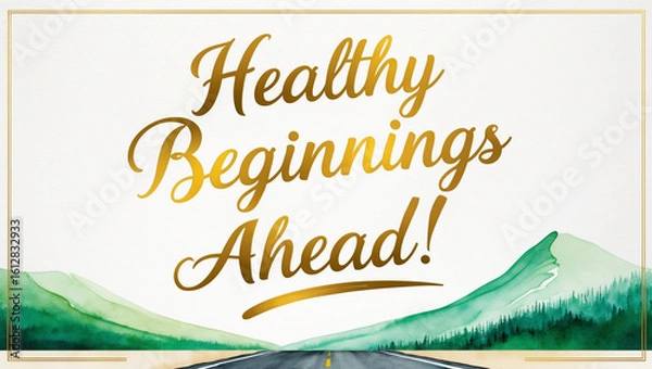 Fototapeta greeting card with a soft, bright color background with illustration of a minimalist watercolor of road to the green mountain on the bottom with the warm, gold text “ Healthy beginnings ahead!"