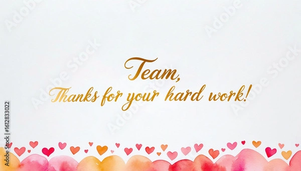 Fototapeta Thank you card with a soft, bright color background with illustration of a minimalist watercolor of hearts on the bottom with the warm, gold “thanks for your hard work!" written in cursive script