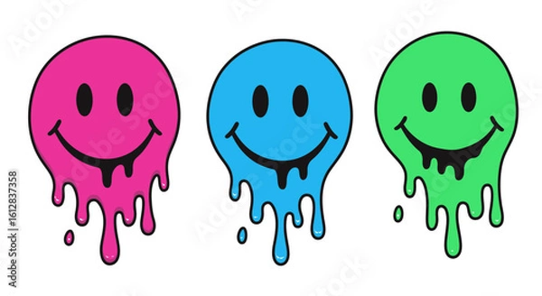 Fototapeta Colorful Dripping Smiley Faces in Pink Blue and Green on a White Background Vector Illustration
