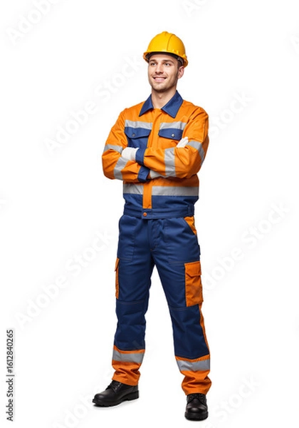 Fototapeta proud builder in protective gear looking into the distance on white background . Generative AI