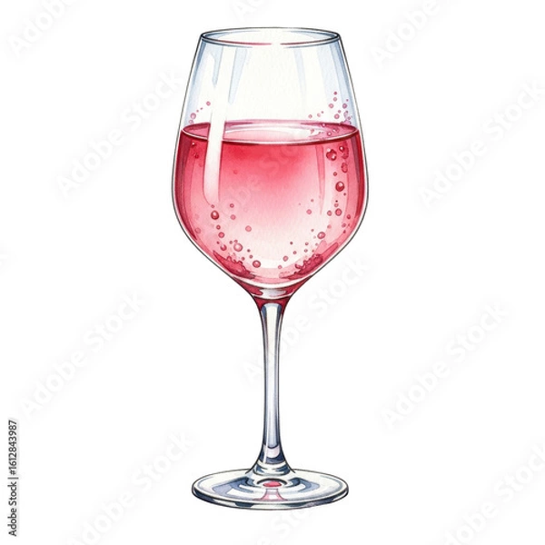 Obraz A vibrant watercolor illustration of a wine glass filled with sparkling pink rose wine, featuring delicate bubbles. Perfect for beverage menus or celebration designs.
