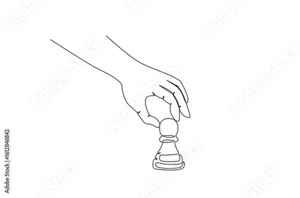 Obraz Hand holding bishop chess in continuous one line drawing. Single line art illustration of hand holds chess piece.