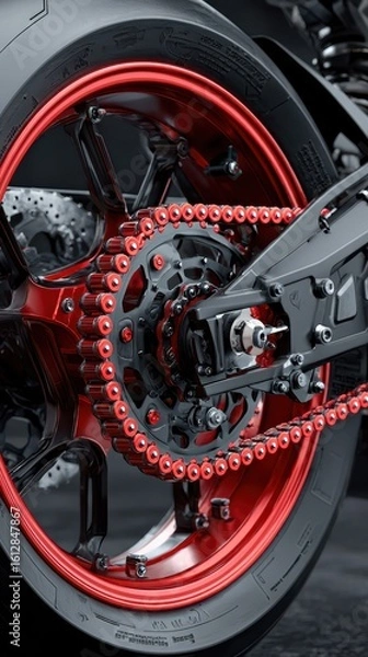 Obraz Close-up view of a sleek motorcycle rear wheel showcasing detailed chain and rim design