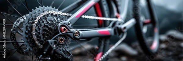 Obraz Mountain bike close-up showcasing the gears and frame in a rugged outdoor setting during twilight