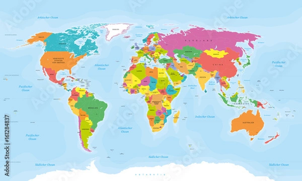 Fototapeta Mapa świata w języku niemieckim - teksty wektoryzowane: kraje, stolice, wyspy, morza ...