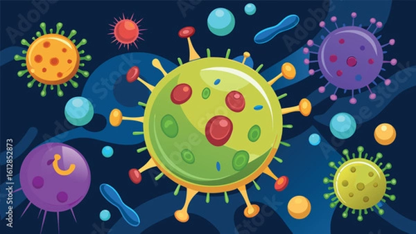 Obraz Colorful illustration of various cartoon-style virus and bacteria cells on a dark background