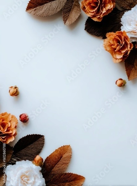 Obraz Floral arrangement on white rust-colored roses & dried leaves frame the edges, creating a warm, autumnal aesthetic with gentle shadows and soft light