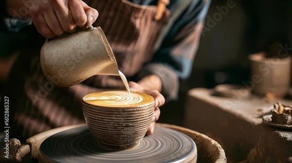 Fototapeta Close-up of barista’s hands as they pour a latte, focusing on the swirling milk forming a pattern on the coffee’s surface.