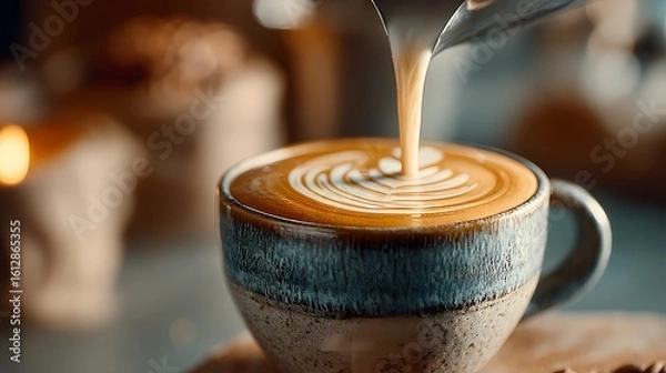 Fototapeta Close-up of barista’s hands as they pour a latte, focusing on the swirling milk forming a pattern on the coffee’s surface.