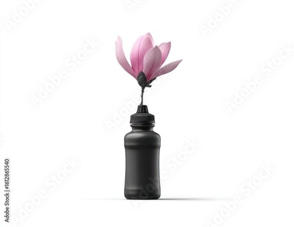 Obraz Delicate pink magnolia blossom in a sleek, matte black bottle against a white backdrop, casting a soft shadow. Minimalist composition with stark contrast