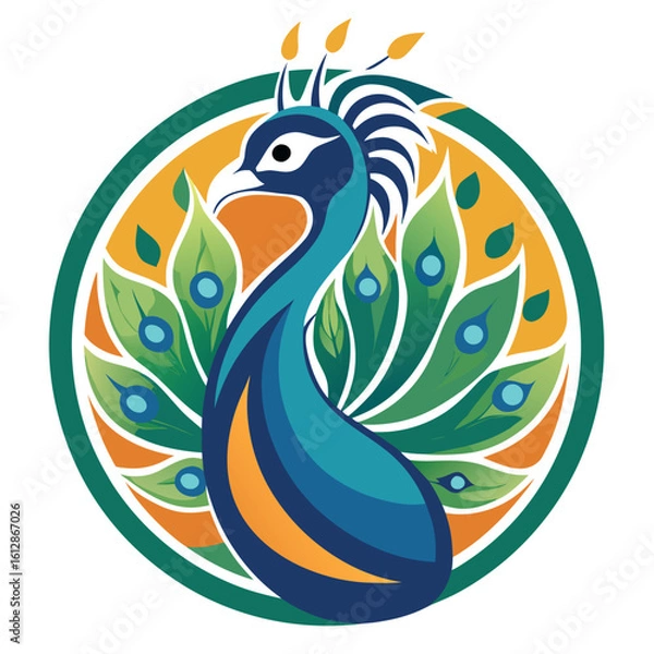 Fototapeta Vibrant peacock design with colorful plumage and intricate feather details set against a circular backdrop