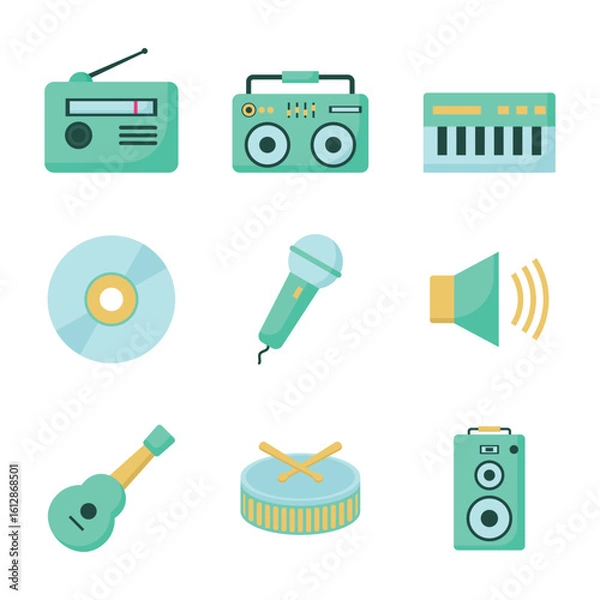 Fototapeta Flat Music Icon Set – Retro Radio, Boombox, Microphone, Guitar, Drum, CD, Keyboard, Speaker and Volume Symbol in Minimalist Style for Audio, Festival, Podcast, or Music App UI Design