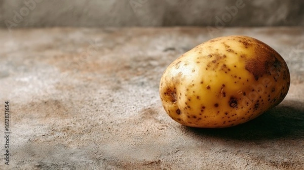 Fototapeta A single raw potato with a rough, speckled skin rests on a textured surface. The potato is yellowish-brown with dark spots, showcasing its natural imperfections.