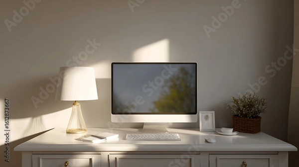 Fototapeta A modern computer setup sits on a white desk with a lamp and decorations