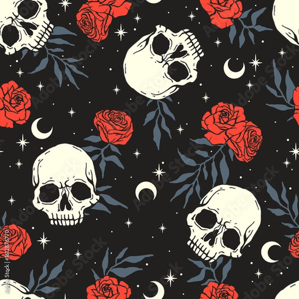 Fototapeta Vector seamless black pattern with roses and skulls. Gothic, rock vintage template.