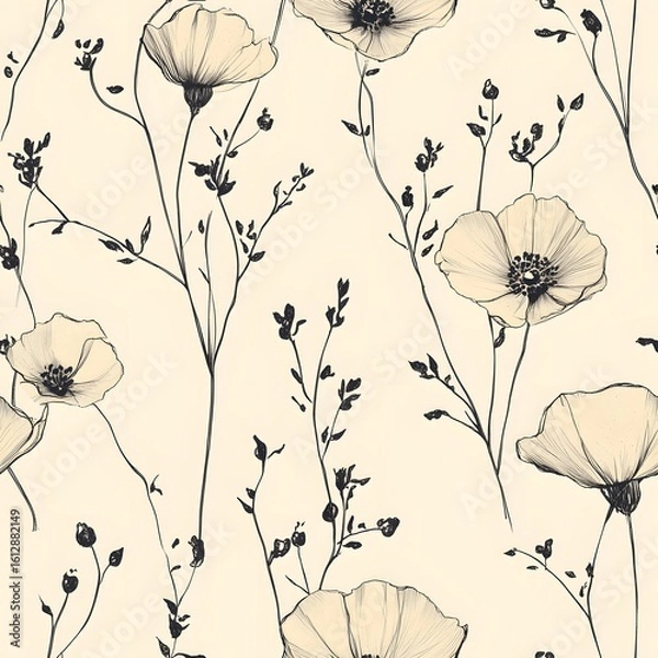 Fototapeta A beautiful seamless pattern of delicate poppy flowers and sprigs are artistically arranged on soft background.