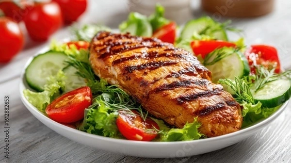 Fototapeta A perfectly grilled chicken breast sits atop a vibrant salad of crisp lettuce, cucumber, and ripe tomatoes, creating a healthy and colorful meal.