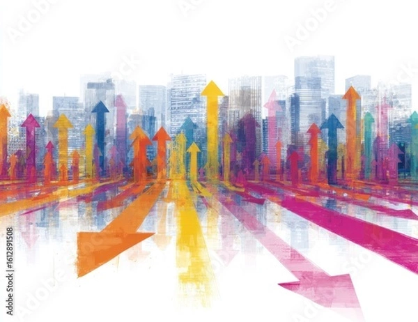 Obraz Blurred city skyline with colorful arrows pointing up and forward, suggesting growth and direction against a white background