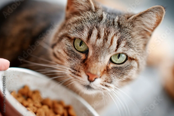 Fototapeta A curious tabby cat with striking green eyes gazes intently at a bowl of kibble held by a hand, showcasing its adorable and hungry demeanor.