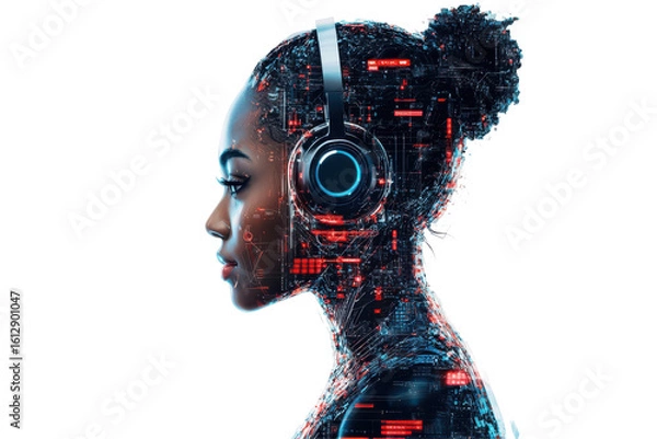 Fototapeta Young woman with futuristic cybernetic head and neck isolated on transparent background. Futuristic woman with a digital headset blending technology on white background