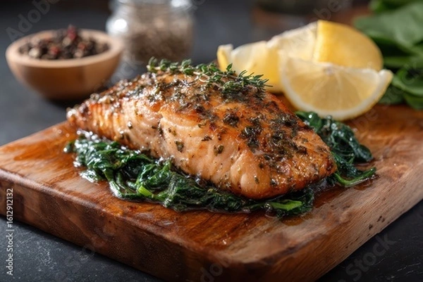 Fototapeta Grilled salmon fillet served on a bed of fresh spinach with lemon slices and herbs enhances a nutritious meal presentation