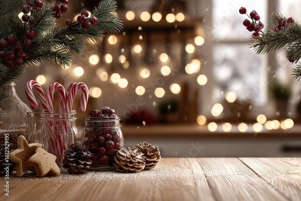 Fototapeta A cozy winter kitchen scene with pine branches, dried cranberries, cookie cutters, and candy canes above. Below, a snowy wooden countertop with blurred bokeh lights in warm yellow tones