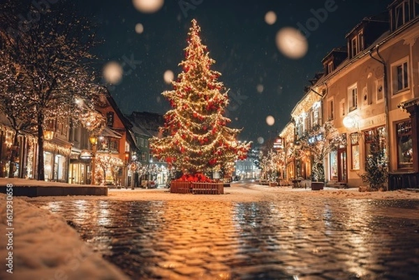 Fototapeta A festive street scene at night with a large Christmas tree wrapped in golden lights and red ornaments, standing at the center of a cobbled town square.