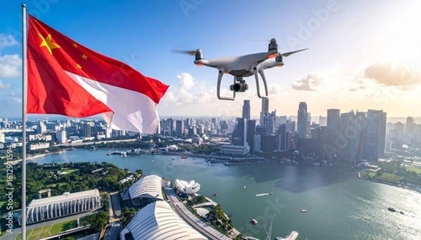 Fototapeta Modern Asian city skyline with national flags in a green park, showcasing urban development and national identity near a tranquil bay.