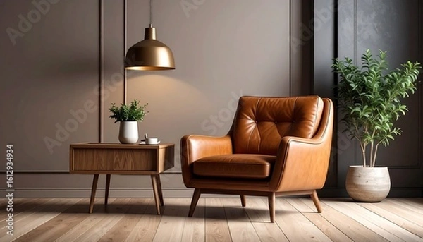 Fototapeta A tan leather armchair sits in a modern room with wood floors, a side table, and plants