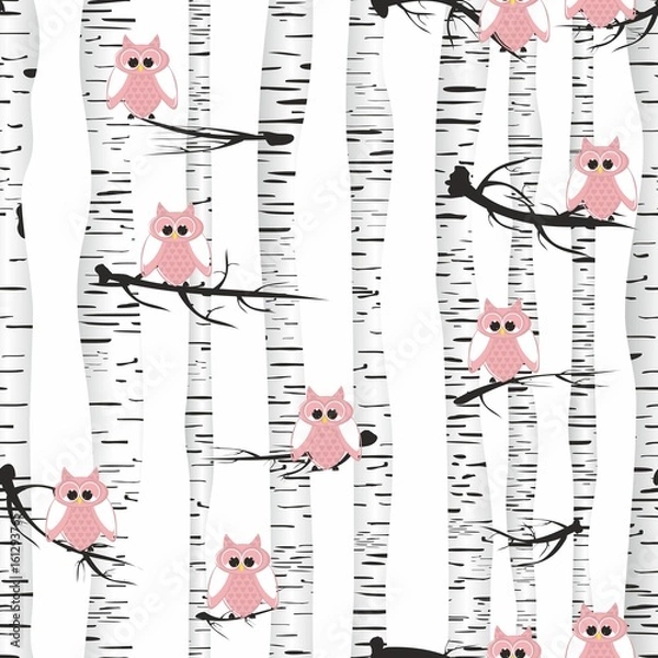 Fototapeta Seamless vector pattern in owls and birch