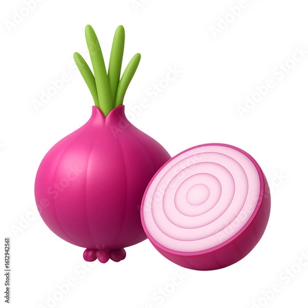 Obraz 3D red onion, whole and sliced vegetable with green stalks, isolated on transparent background