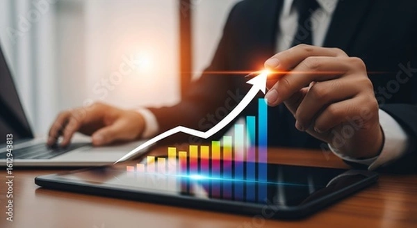 Obraz Financial Growth at the Desk: A businessman meticulously examines a holographic rising graph on a modern tablet, a potent visual metaphor for business growth and economic prosperity.