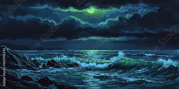 Obraz Moonlight shimmers over crashing ocean waves, nocturnal seascape under cloud-covered sky, stormy coastal horizon in blue and green tones.
